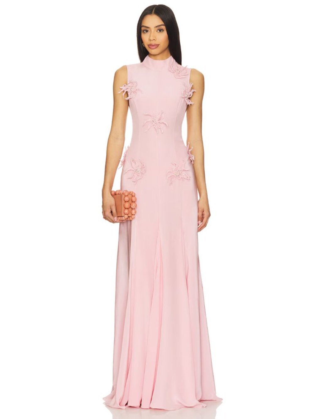 LA FUORI Pink Silk Backless 3D Floral Maxi Dress Medium NWT